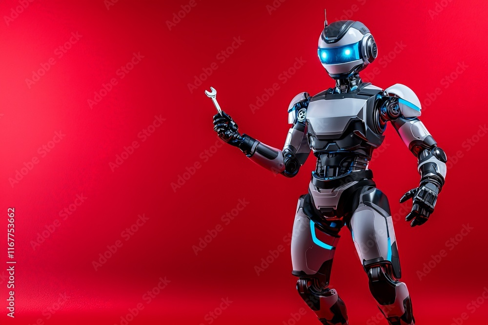 Futuristic Robot with Sharp Lines and Angular Design Holding a Wrench Against a Bold Red Background, Evoking Advanced Technology and Innovation Futuristic Robot with Sharp Lines and Angular Design Holding a Wrench Against a Bold Red Background, Evoking Advanced Technology and Innovation
