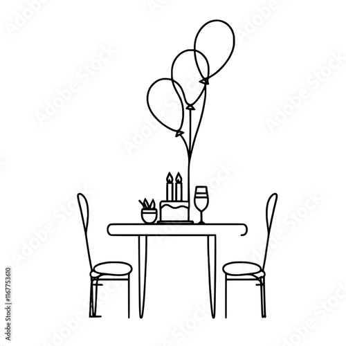 Minimalist line art of romantic dinner setting with balloons and cake, single line vector outline drawing