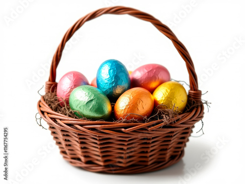 Image shows a woven Easter basket with vibrant dyed eggs blue, green, yellow, red, brown Arranged carefully inside the basket for display - Generative AI photo