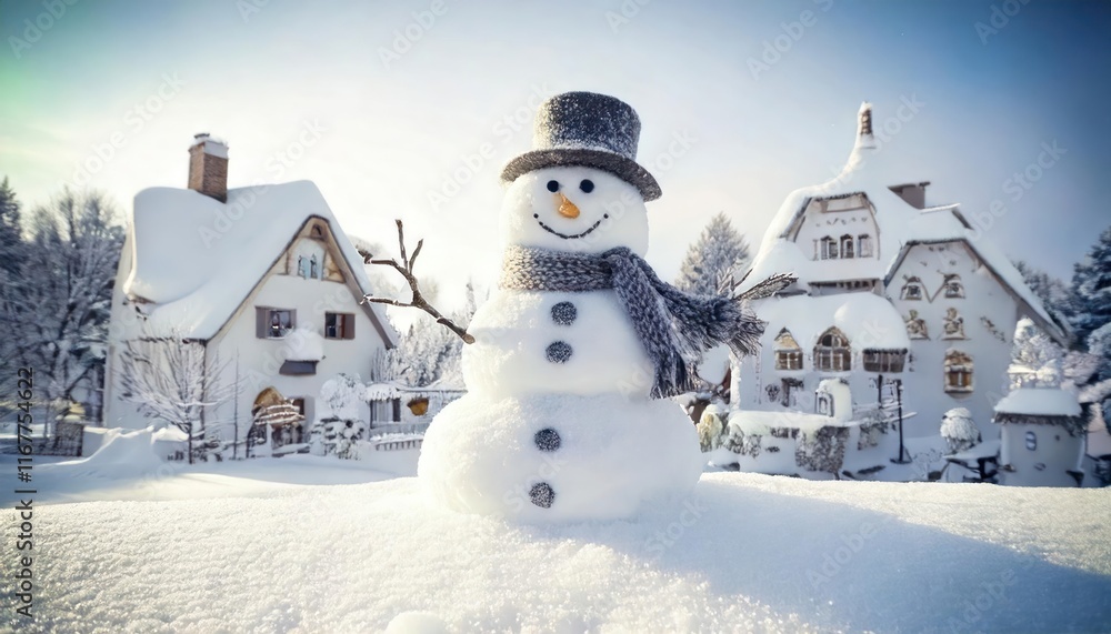 Naklejka premium Relaxing and cute snowman town with houses made of snow