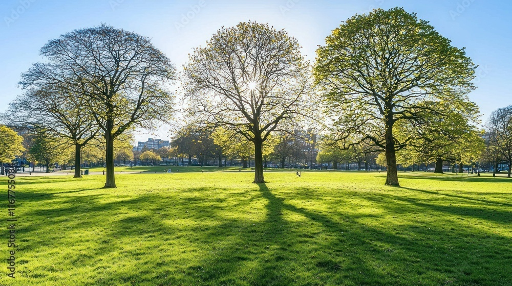 Sunny Spring Day in the Park: Majestic Trees and Lush Green Grass Sunny Spring Day in the Park: Majestic Trees and Lush Green Grass