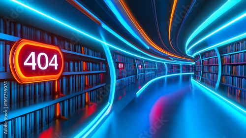 A neon-lit library corridor beckons exploration and discovery at dusk