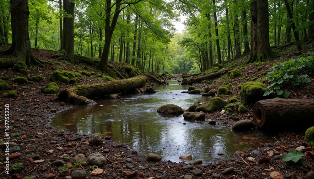 Fototapeta premium Tranquil forest stream at dusk, peaceful natural landscape