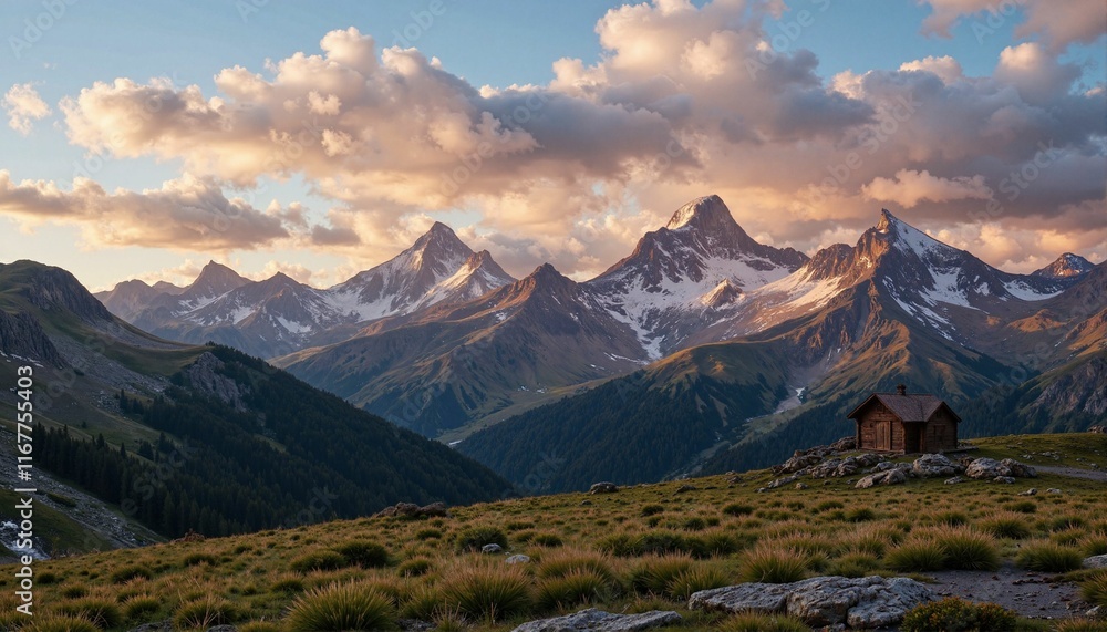 Majestic mountains at sunrise with golden glow, serene beauty Majestic mountains at sunrise with golden glow, serene beauty