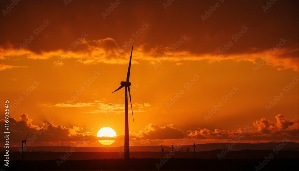 Obraz premium Wind turbine silhouetted against vibrant orange sunrise, renewable energy