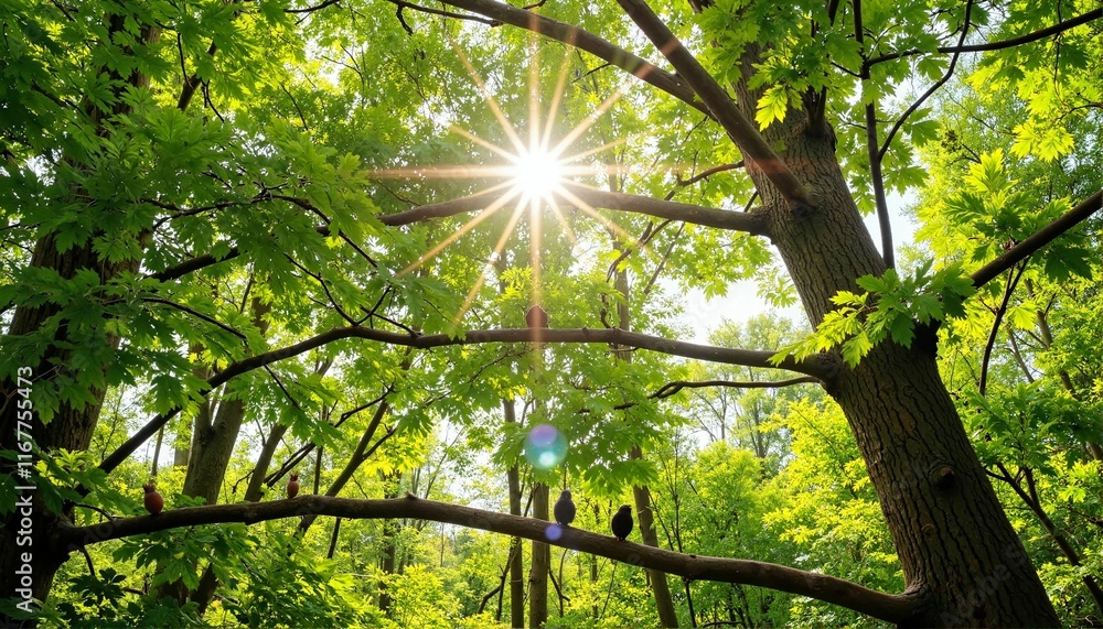 Obraz premium Sunlight filtering through lush tree branches, natural beauty in park