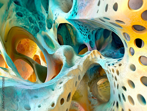 An abstract artwork with a complex, organic design in shades of yellow, orange, blue, and darker tones The pattern resembles microscopic views or molecular structures Viewer inte - Generative AI photo