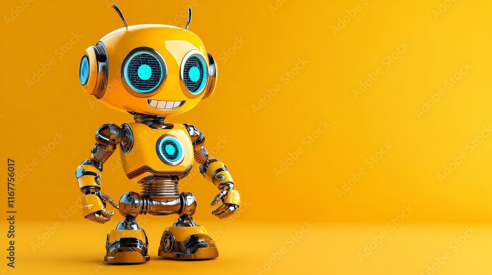 Friendly and Cheerful Robot Character with Metallic Body and Digital Smile on Bright Yellow Background, Perfect for Technology or Children's Themes Friendly and Cheerful Robot Character with Metallic Body and Digital Smile on Bright Yellow Background, Perfect for Technology or Children's Themes
