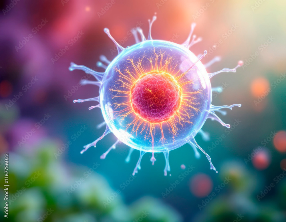 Obraz premium Image shows a colorful, detailed depiction of a mitochondrion, the cells energy producer It has a semi-transparent outer membrane and an inner matrix filled with cristae for resp - Generative AI