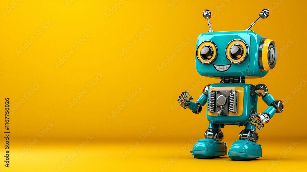 Friendly Robot Character with Metallic Body and Digital Smile Standing Against Vibrant Yellow Background for Playful and Modern Imagery Friendly Robot Character with Metallic Body and Digital Smile Standing Against Vibrant Yellow Background for Playful and Modern Imagery