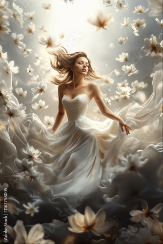 Elegant woman in flowing white dress surrounded by blooming flowers in a dreamy atmosphere