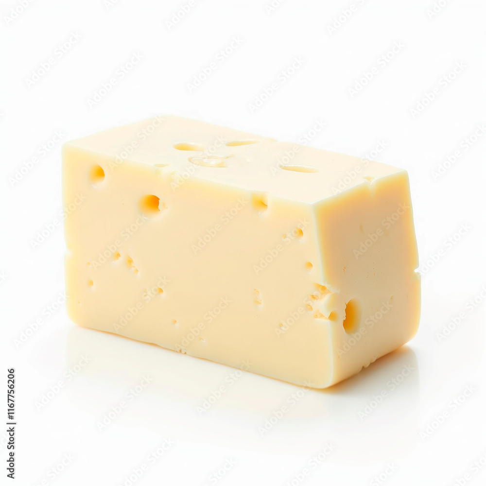 A side view of a Swiss or Emmental cheese block, yellow with holes, resting against a white background - Generative AI A side view of a Swiss or Emmental cheese block, yellow with holes, resting against a white background - Generative AI