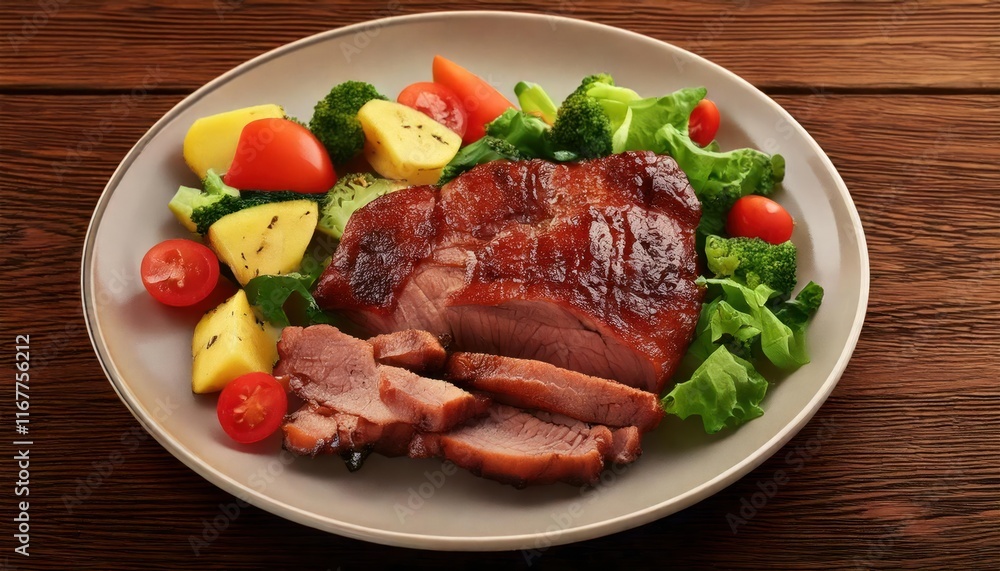 round plate with a portion of smoked brisket dish, side of Vegetables, top view round plate with a portion of smoked brisket dish, side of Vegetables, top view