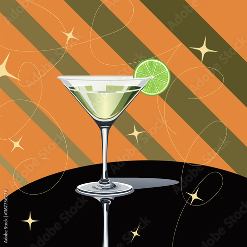 Martini Lime. Cocktail for a bar. Drink in a glass. Vector illustration. Beverage for a celebration.