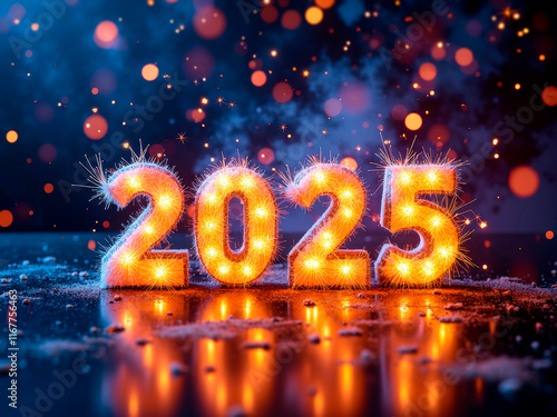 Image shows a festive scene with the year 2025 spelled out using sparklers on a dark backdrop Three numbers, 2, 0, and 5, are lit by multiple sparklers each, creating a balanced - Generative AI photo