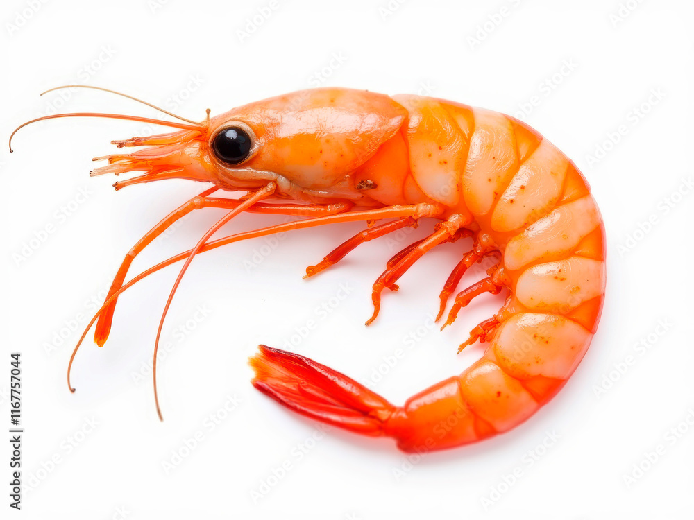 Image depicts a fresh, cooked shrimp with red color and intact shell, placed against a plain background - Generative AI Image depicts a fresh, cooked shrimp with red color and intact shell, placed against a plain background - Generative AI