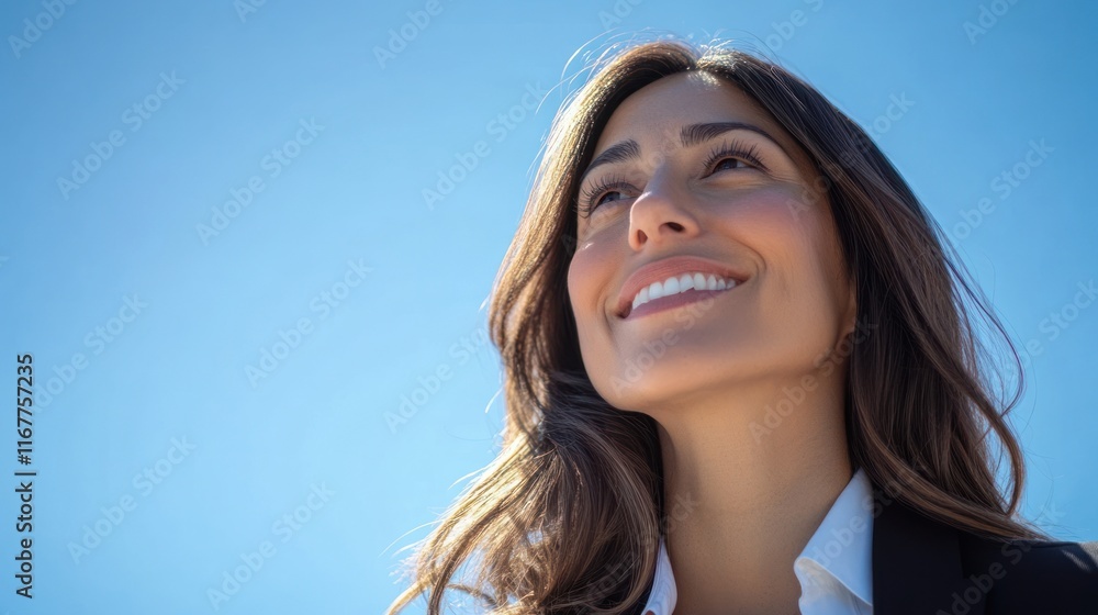 Portrait of a Smiling Woman Against a Bright Blue Sky Portrait of a Smiling Woman Against a Bright Blue Sky