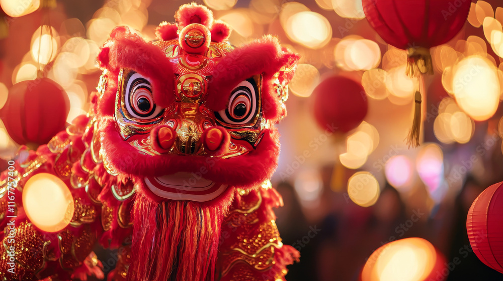 Fototapeta premium Close-Up of Chinese Lion Dance during New Year Celebrations, Illustrating Tradition, Culture, Festivity, and Celebration