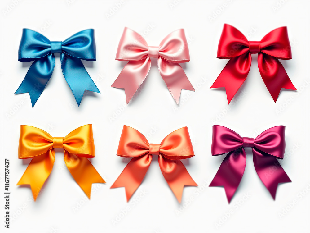 Nine satin bows of various colors displayed against a light grey background - Generative AI Nine satin bows of various colors displayed against a light grey background - Generative AI