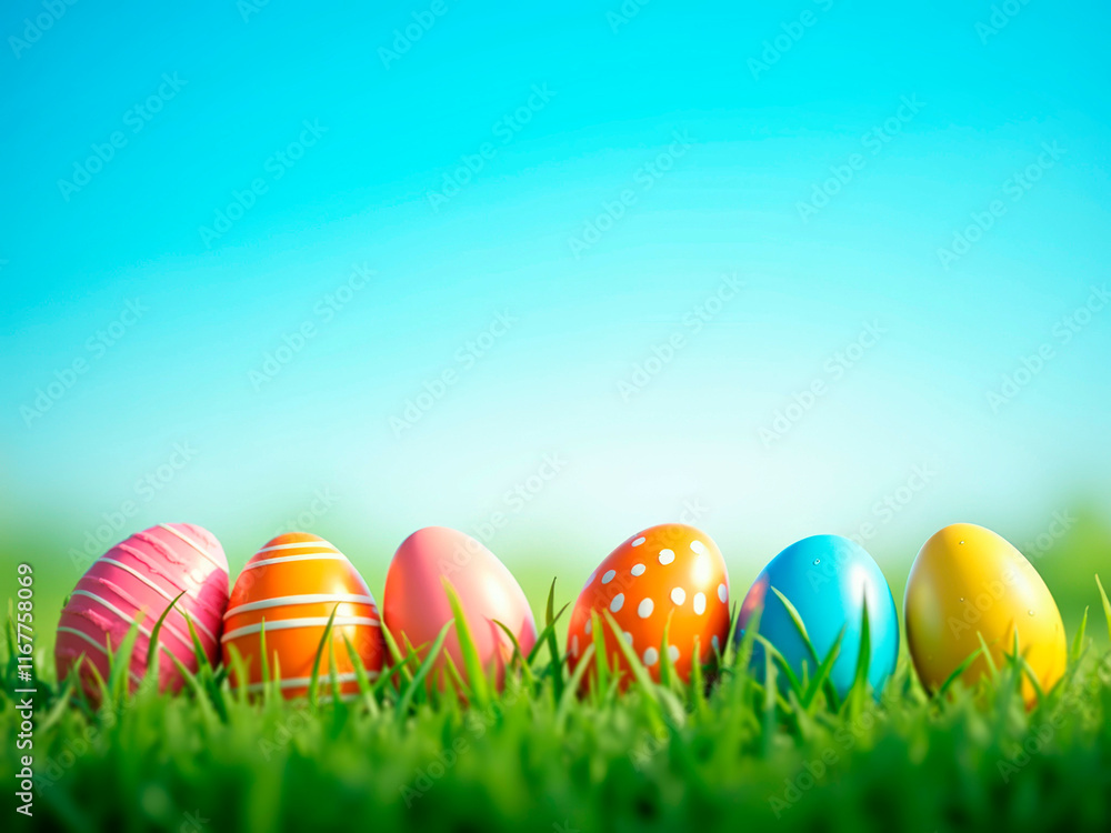 Colorful Easter eggs arranged in rows on grassy surface, set against a bright outdoor background - Generative AI Colorful Easter eggs arranged in rows on grassy surface, set against a bright outdoor background - Generative AI