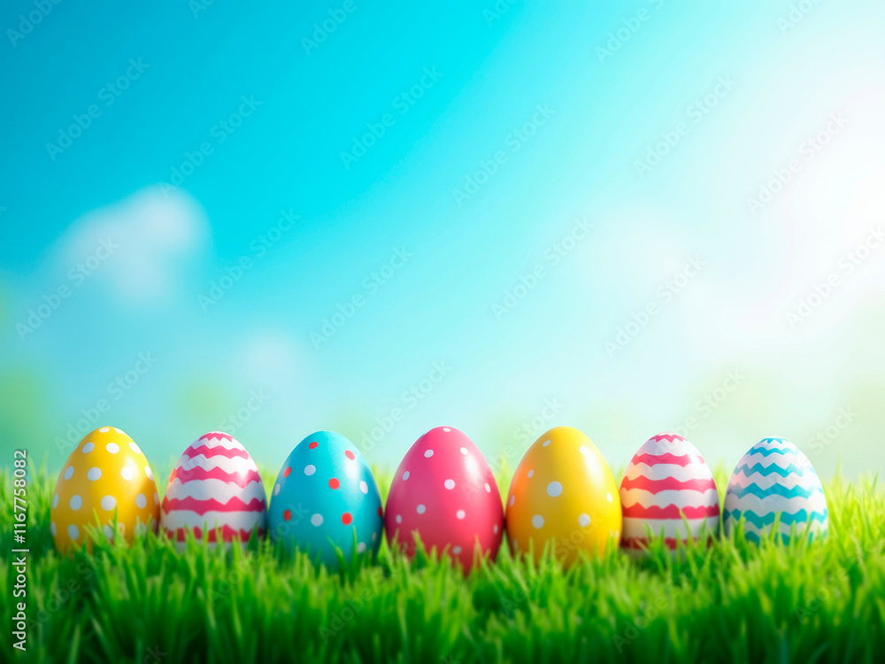A group of colorful Easter eggs blue, green, yellow, pink, orange, purple on grass under a bright sky, possibly daytime Butterfly in the top right corner Digital art or stock p - Generative AI A group of colorful Easter eggs blue, green, yellow, pink, orange, purple on grass under a bright sky, possibly daytime Butterfly in the top right corner Digital art or stock p - Generative AI