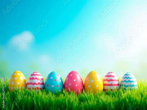 A group of colorful Easter eggs blue, green, yellow, pink, orange, purple on grass under a bright sky, possibly daytime Butterfly in the top right corner Digital art or stock p - Generative AI photo