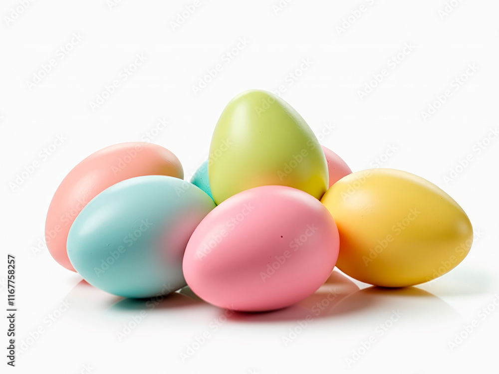 A collection of multi-colored hard-boiled eggs with pastel hues, arranged casually on a white surface Background is plain vibrant Easter colors emphasized in clean, simple photog - Generative AI A collection of multi-colored hard-boiled eggs with pastel hues, arranged casually on a white surface Background is plain vibrant Easter colors emphasized in clean, simple photog - Generative AI