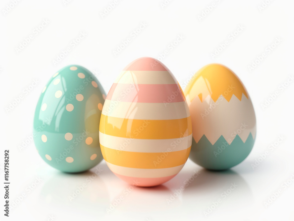 Three eggs with unique designs - one blue polka-dotted, another striped pastel, and the third diagonal blue-green All are placed on reflective surfaces in a flat lay style against - Generative AI Three eggs with unique designs - one blue polka-dotted, another striped pastel, and the third diagonal blue-green All are placed on reflective surfaces in a flat lay style against - Generative AI