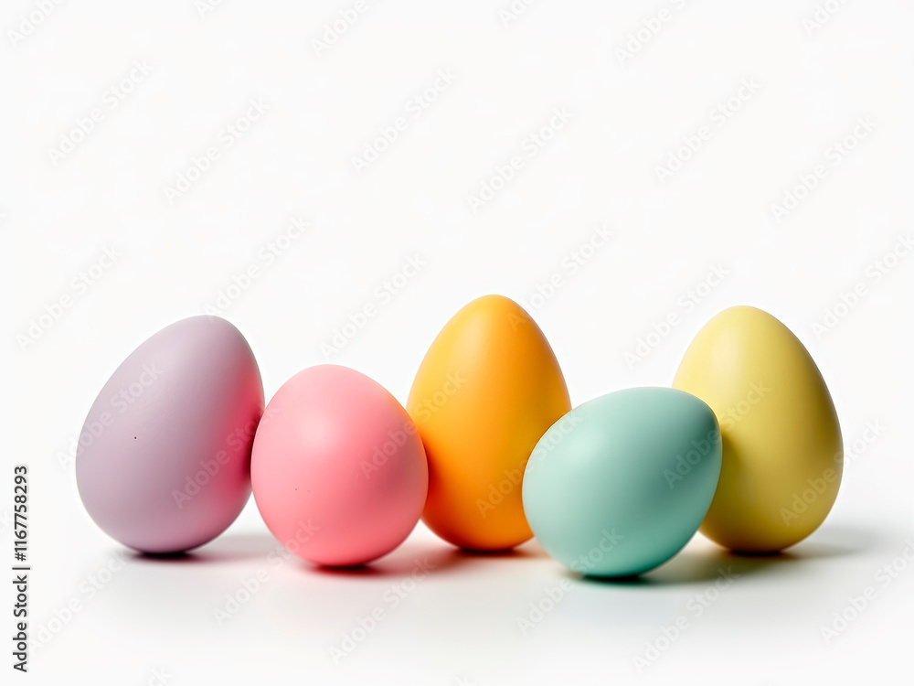 Image of six colorful eggs neatly arranged on a white background, colors ranging from pink to dark blue - Generative AI Image of six colorful eggs neatly arranged on a white background, colors ranging from pink to dark blue - Generative AI