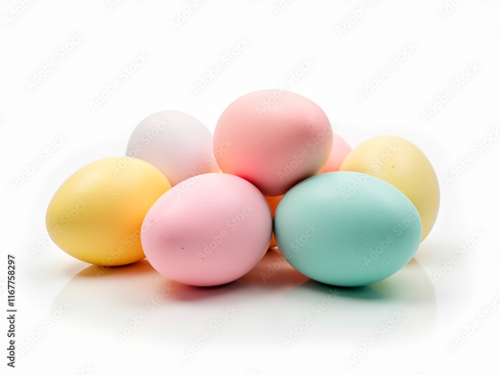Image of a vibrant, dyed Easter egg collection on a reflective surface - Generative AI Image of a vibrant, dyed Easter egg collection on a reflective surface - Generative AI