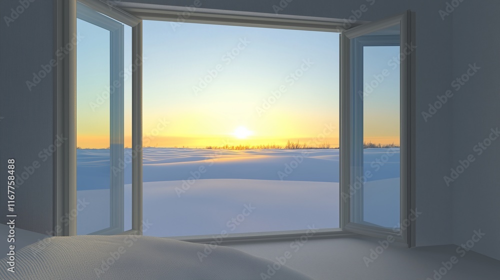 Obraz premium snow covered window, beautiful landscape winter view