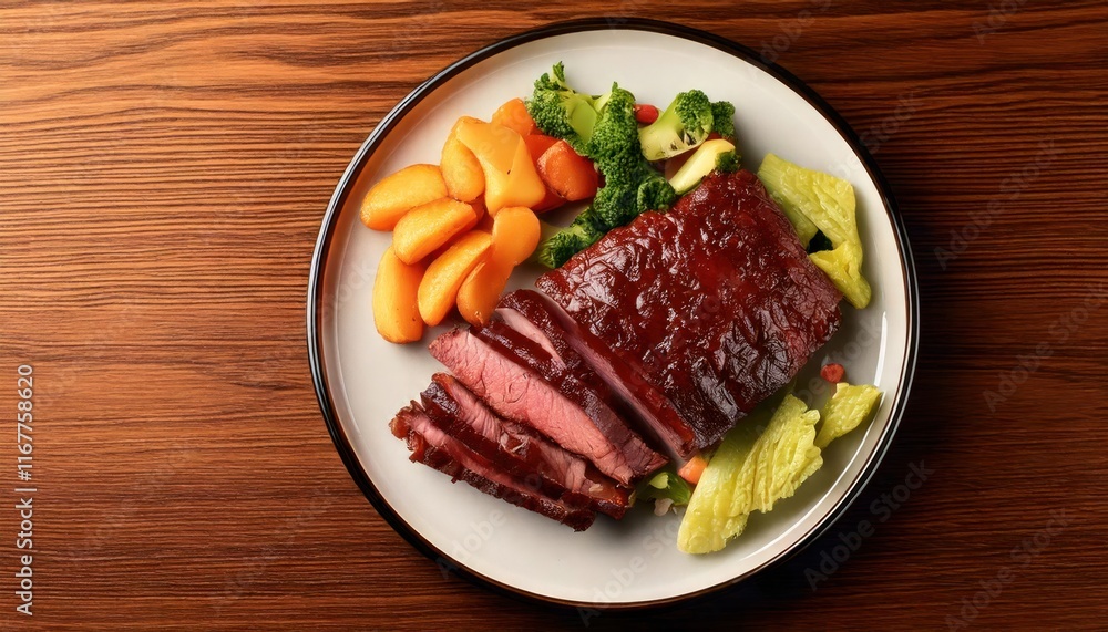 round plate with a portion of smoked brisket dish, side of Vegetables, top view round plate with a portion of smoked brisket dish, side of Vegetables, top view