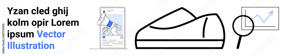 Smartphone with chart, shoe outline, magnifying glass, upward graph. Ideal for business growth, footwear marketing, data analysis, trend tracking, online advertising, research, product launch Smartphone with chart, shoe outline, magnifying glass, upward graph. Ideal for business growth, footwear marketing, data analysis, trend tracking, online advertising, research, product launch