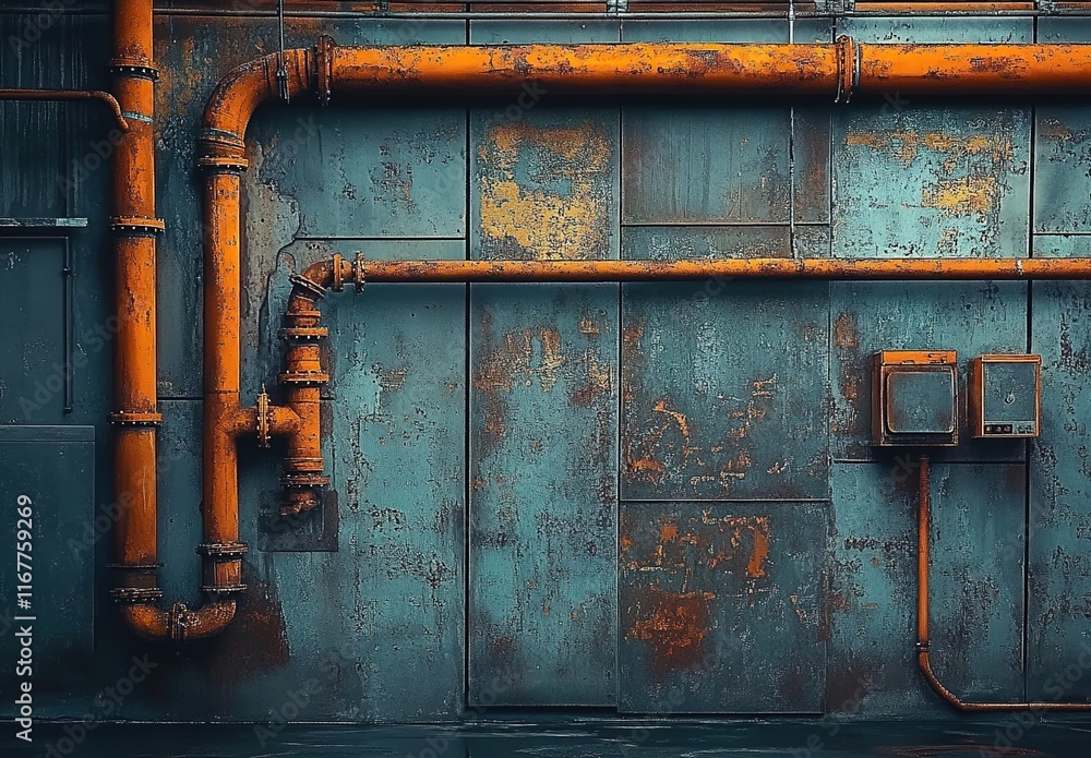 A large wall with rusted pipes and an industrial-style background, adding depth to the composition. A large wall with rusted pipes and an industrial-style background, adding depth to the composition.