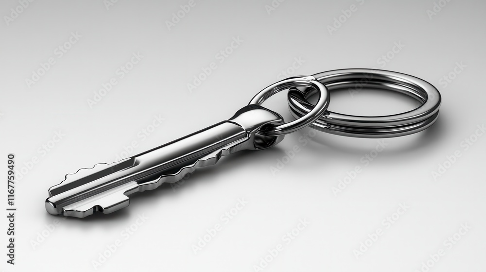 Silver key on a metallic keyring, isolated on grey background. Silver key on a metallic keyring, isolated on grey background.