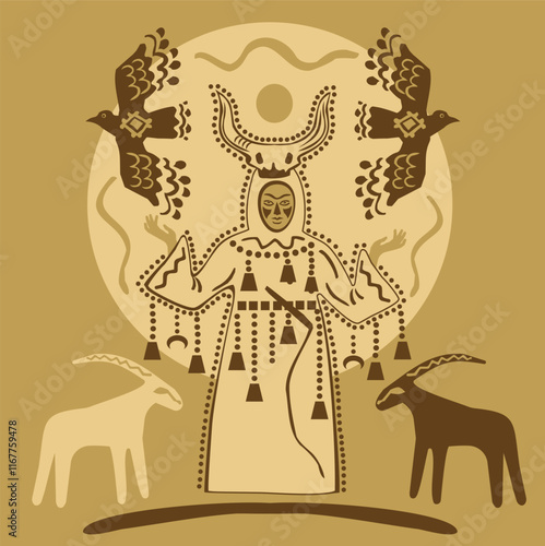 Pagan priestess with a horned skull on her head