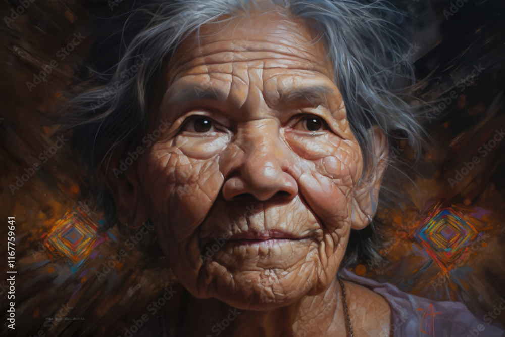 Portrait of an elderly woman with deep wrinkles, expressive eyes, and rich cultural background Portrait of an elderly woman with deep wrinkles, expressive eyes, and rich cultural background