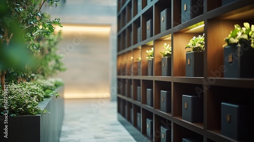 Modern indoor columbarium wall with plants and soft lighting.