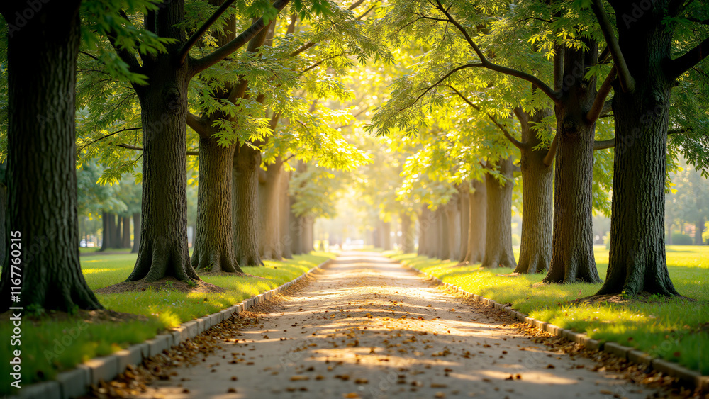 Naklejka premium Shady Path with Trees and Soft Sunshine