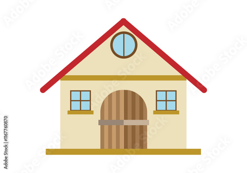 Casa amarilla rústica de pueblo con puerta de madera