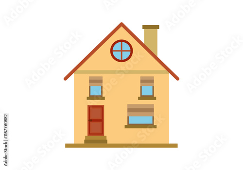 Casa amarilla con puerta roja y ventanas 