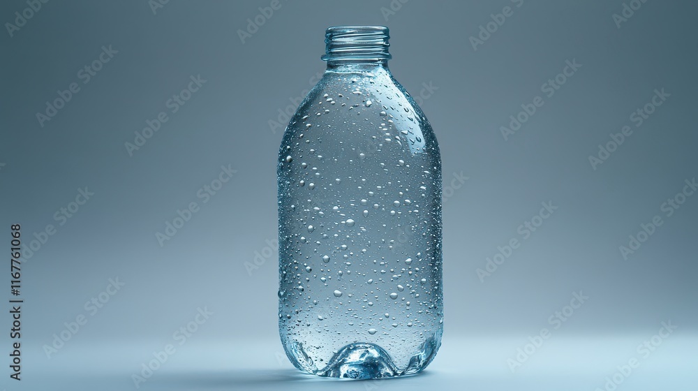 Condensation on a clear plastic water bottle against a light blue background. Condensation on a clear plastic water bottle against a light blue background.
