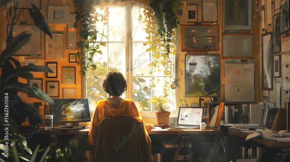 Person working at desk in sunlit room. Person working at desk in sunlit room.