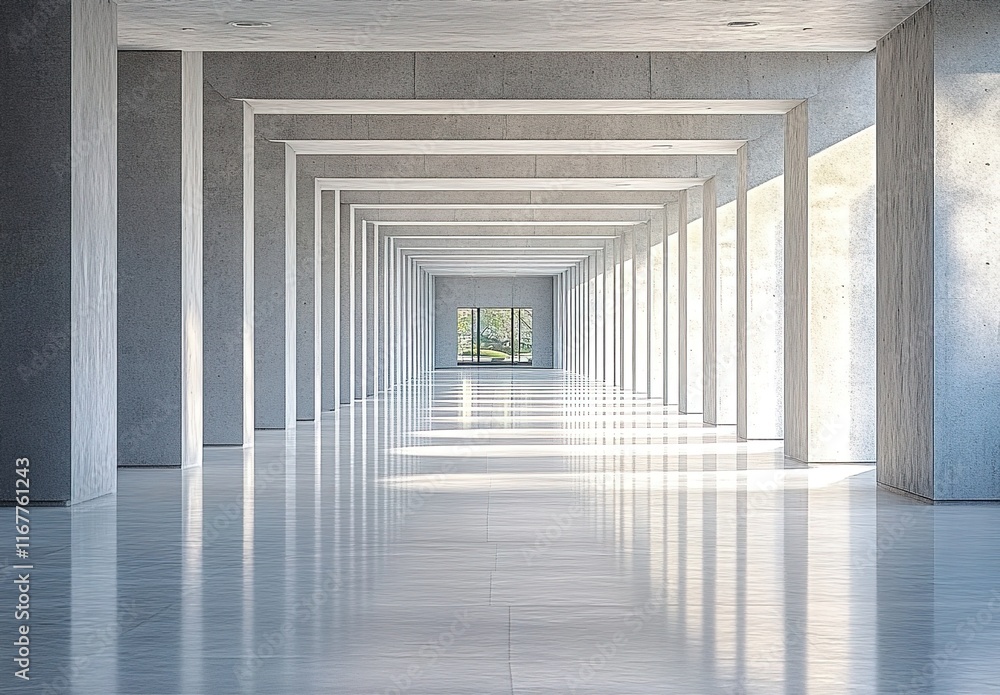 A long, empty concrete corridor with symmetrical columns and an open ceiling. A long, empty concrete corridor with symmetrical columns and an open ceiling.