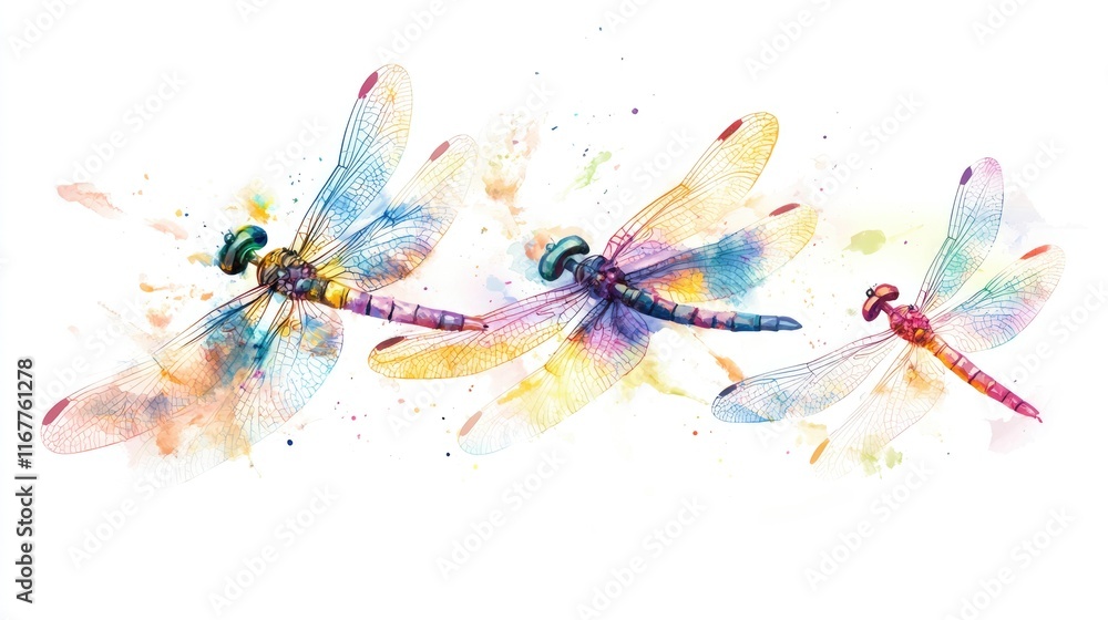 Fototapeta premium Colorful Dragonflies Soaring in the Air with Watercolor Wings, Set Against a White Summer Background