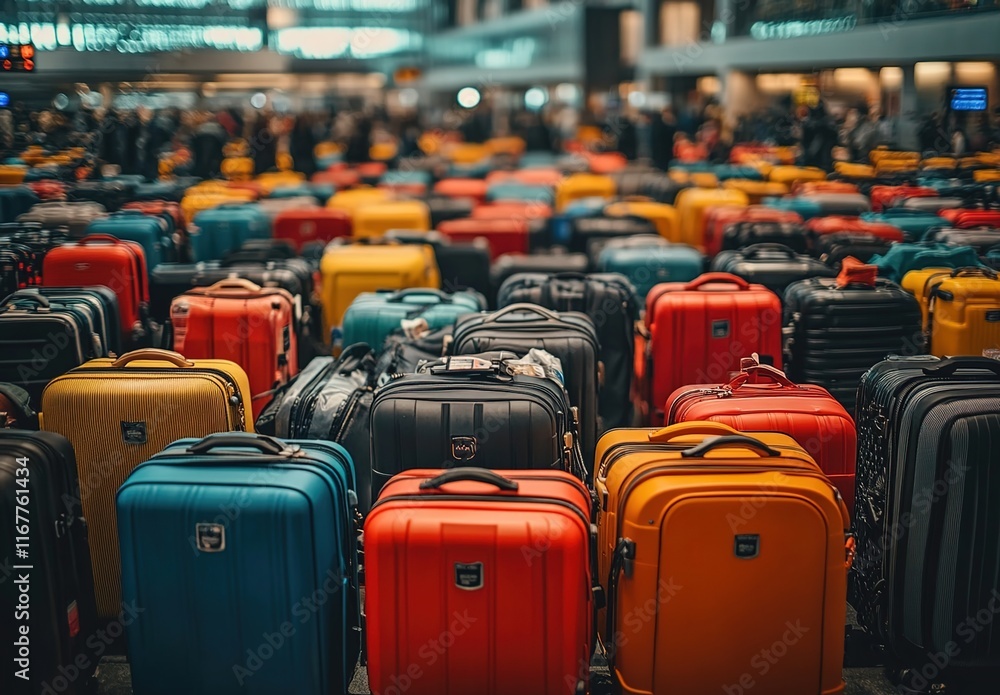 Fototapeta premium A lot of colorful luggage in an airport, with many people waiting for their bags.