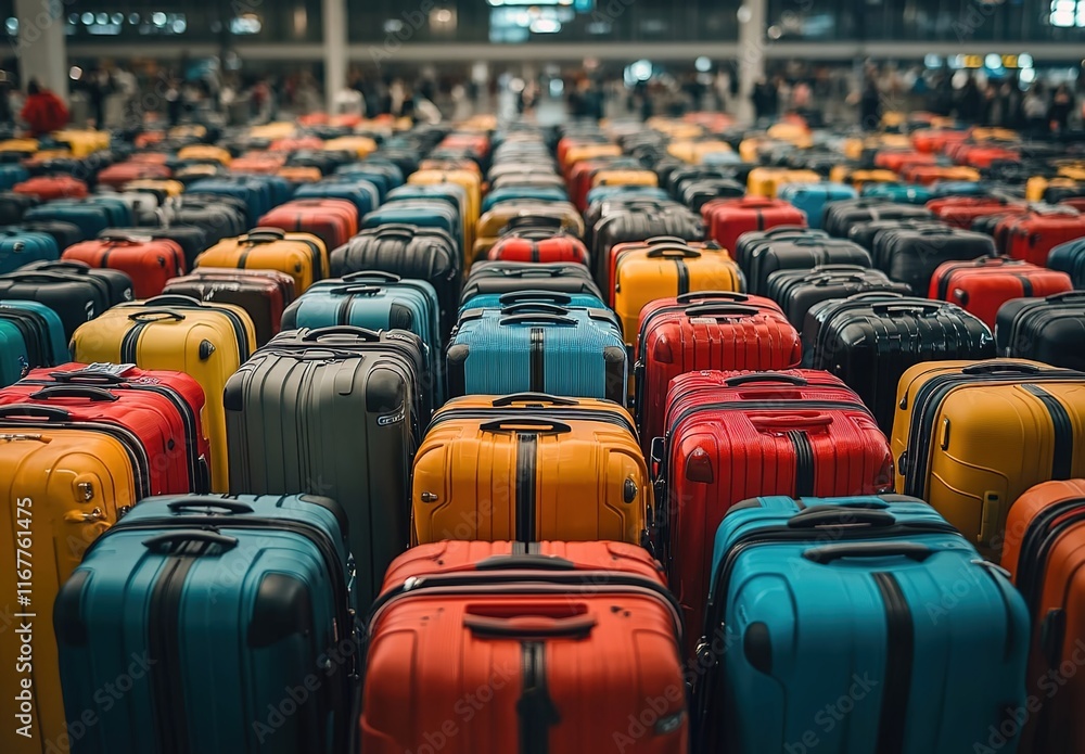Naklejka premium A lot of colorful luggage in an airport, with many people waiting for their bags.
