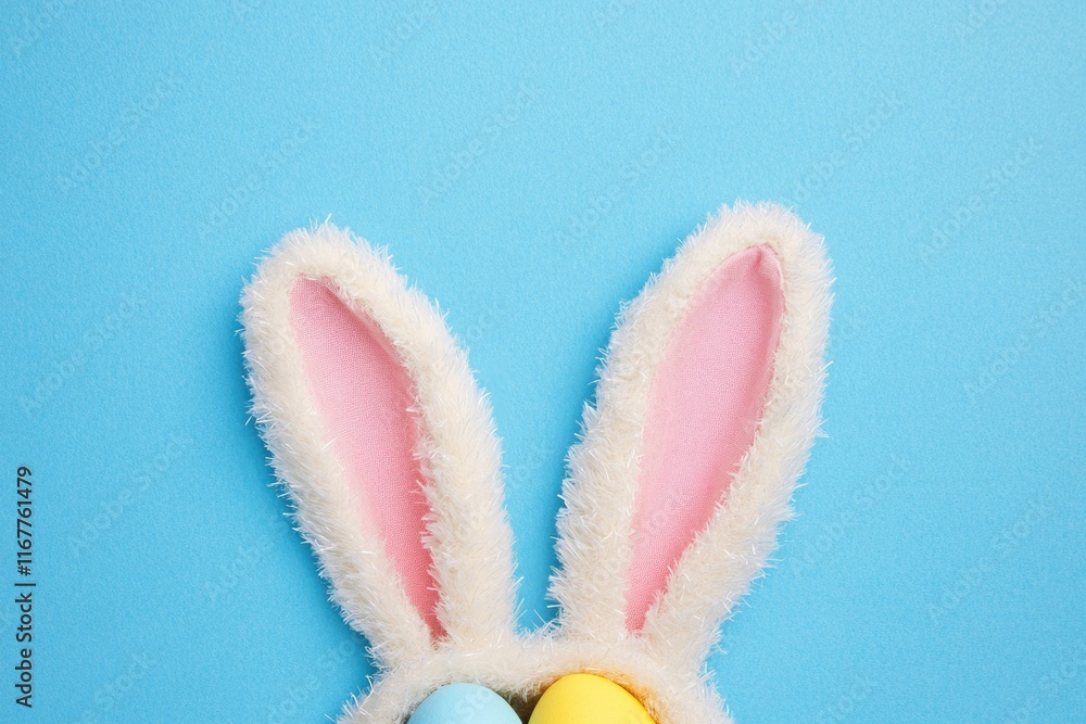 Obraz premium Festive Easter Celebration. Top View of Colorful Bunny Ears and Bright Eggs on Soft Blue Background