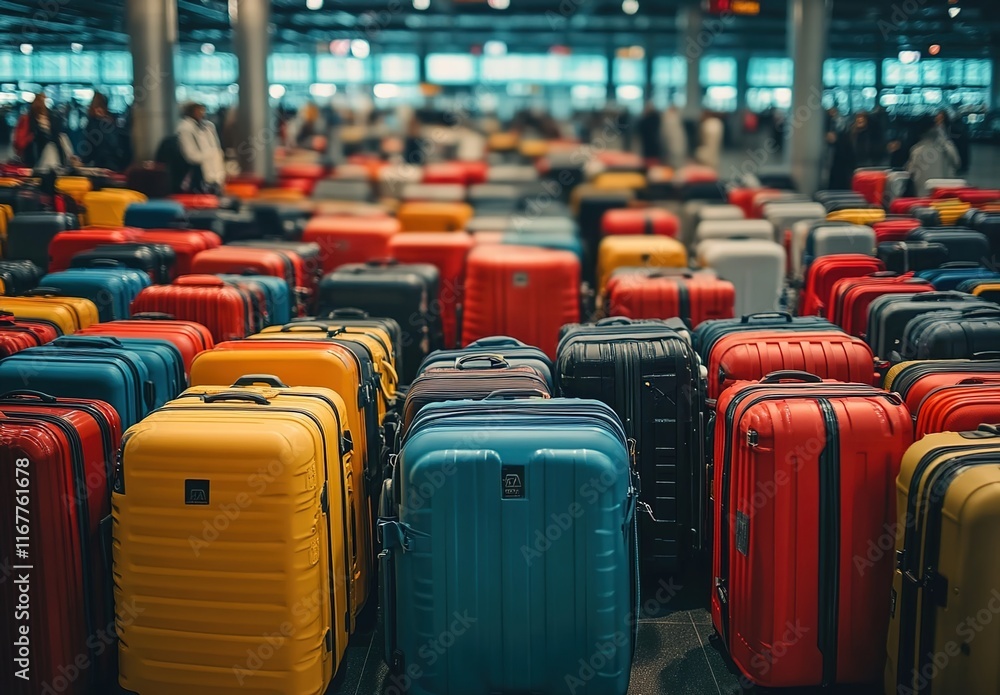 Fototapeta premium A lot of colorful luggage in an airport, with many people waiting for their bags.