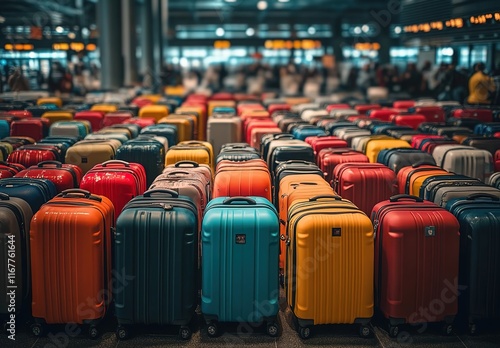 A lot of colorful luggage in an airport, with many people waiting for their bags.